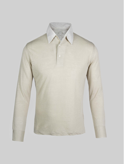 Patrick Hellmann CollectionBeige Long Sleeve Polo Shirt 100% Linenimage1154
